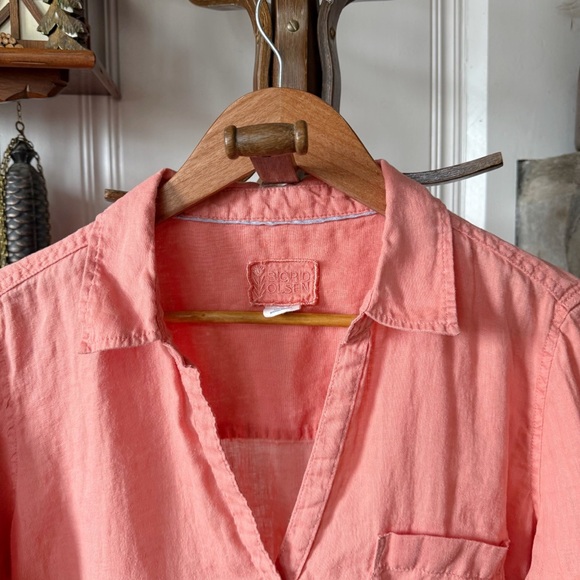 Sigrid Olsen Linen Coral V Neck Button-Up Shirt Large - Picture 2 of 5